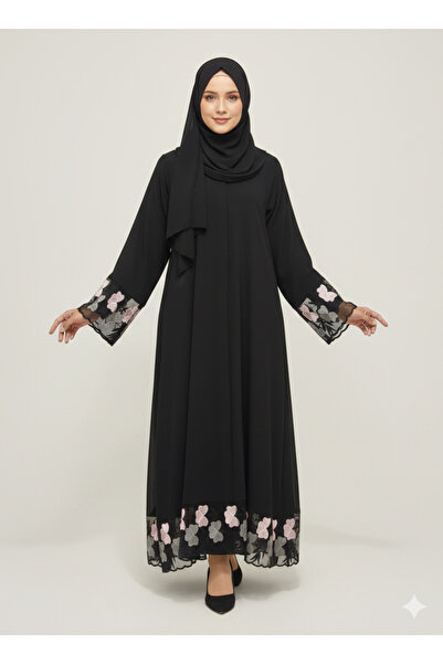 RIZQE Black Abaya with Floral Organza Net Embroidery | Rizqé Luxury Blush Pin...