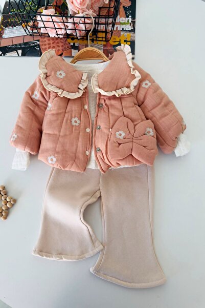 Minigimin Cicileri Floral Embroidered Ruffle Collar Winter Coat Baby Girl 3-P...