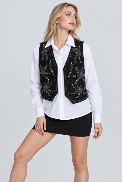 ABBRA Women's Embroidered Denim Vest Shirt