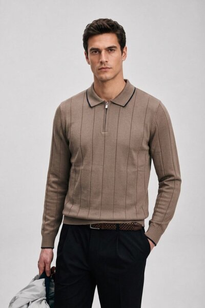 Maccali Men's Casual Polo Collar Zippered Camel Striped Knit Sweater