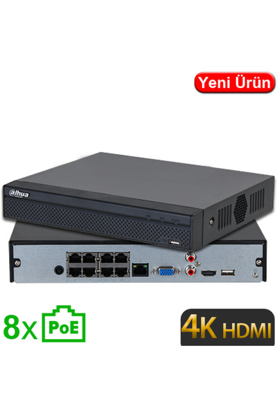 DAHUA (NVR2108HS-8P-4KS3) 8 KANAL 8 PORT POE 4K 1x20TB 1xHDMI 1xVGA 2xUSB 1xRJ45 NVR KAYIT