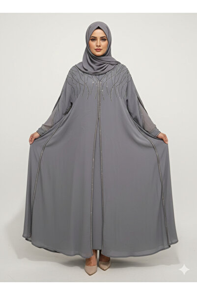 RIZQE Steel Grey Layered Farasha Abaya | Rizqé Silver Vine Hand-Embellishment...