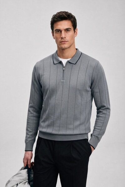 Maccali Men's Casual Polo Collar Zippered Smoked Striped Knit Sweater