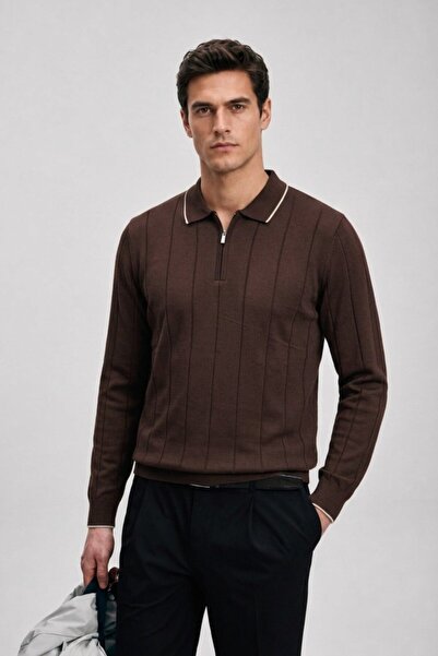 Maccali Men's Casual Polo Collar Zippered Dark Brown Striped Knit Sweater