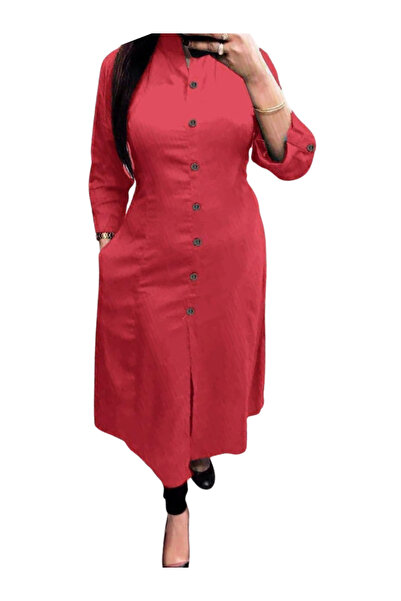 MYSMAR Red Cotton Wooden Button Kurti - ANJF2346 | Red-Size:XL-42-Inches