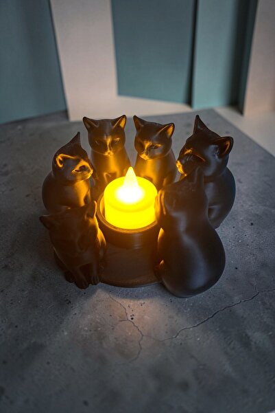 Sansayn3d Etrafında Kedi Figürlü Tealight Mumluk Dekoratif Kedi Ritüeli Mumlu...