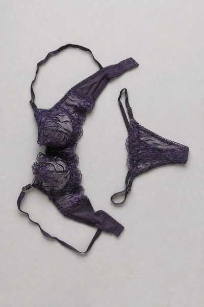 hies Tangali Capless Balenli̇ Brode Bra Set - Purple