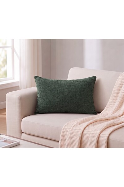 Koyu Yeşil Dokulu Şönil Kadife Dikdörtgen Kırlent Kılıfı 35x54 cm Dekoratif Bel Yastığı Kılıfı