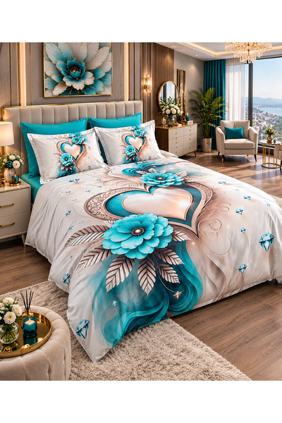 AYBERK HOME TEXTİLE Turkuaz İnci̇ Cotton Double Duvet Cover Set with 6 Pieces of Fitted Sheets