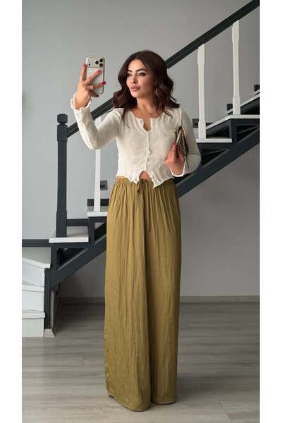 Oslove Olive Draped Satin Trousers