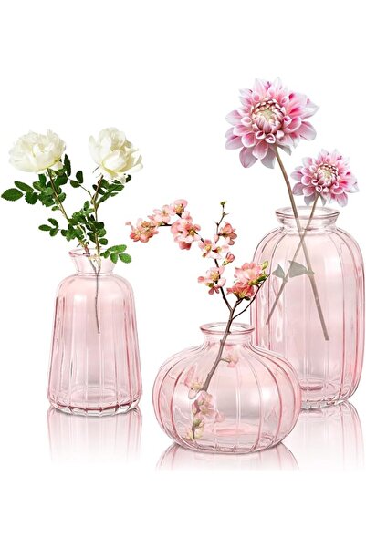 NALACAL Small Glass Vase Set of 3, Pink Vases for Centerpieces, Small Pumpkin...