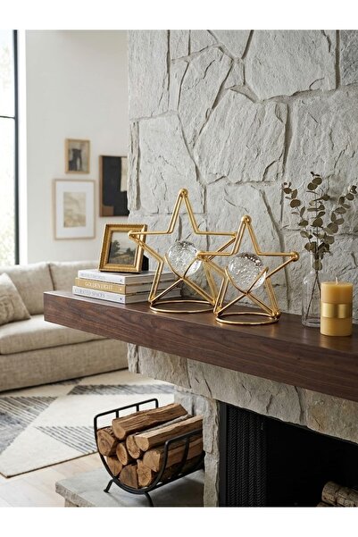 mysecrethome Lüks Yıldız Figürlü Cam Küreli Gold Biblo Seti (26 cm - 23 cm)