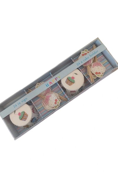 Buldum Set de brioșe cu toppere aniversare, 24 bucăți – Model cupcake cu cireșe