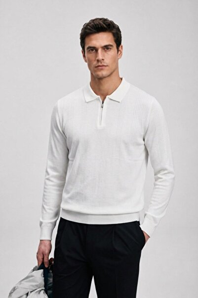 Maccali Men's Knitwear Winter White Polo Collar Striped Sweater