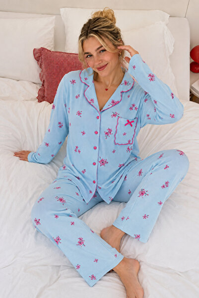 ELİTOL Reported Viscose Buttoned Overlocked Long Sleeve Patterned Pajama Set