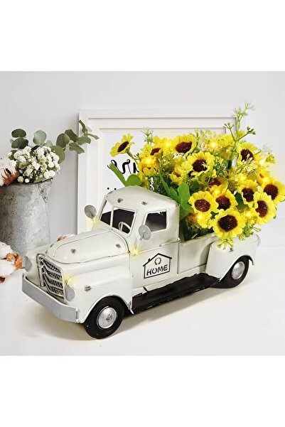 Novax Vintage White Truck Decor with Sunflowers Artificial Flowers Farmhouse ...