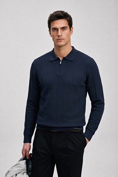Maccali Men's Woven Detailed Zippered Navy Blue Polo Knit Sweater