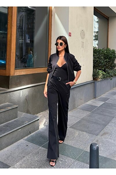 LE CARAMBOLE Women's Black Bomber Jacket and Pants Two-Piece Set