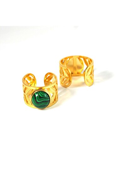 NO BRAND Δαχτυλίδι Leafs & Malachite χρυσό ανοιγόμενο ατσάλι 18mm
