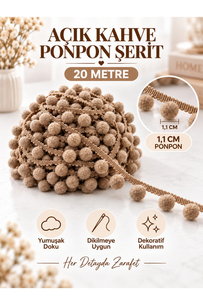 kubbe tekstil aksesuar 20 Metre Açık Kahve Ponpon Şerit – 1,1 cm Ponponlu Şer...