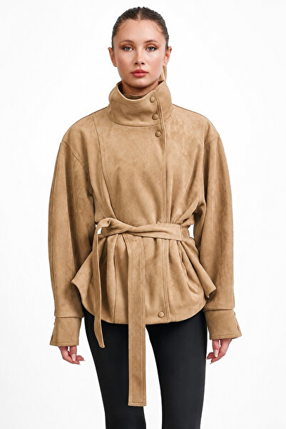 MANMARK Zr Model Women's Suede Belted Stand Collar Oversized Suede Jacket