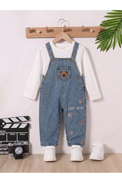 Mişsa Bebe Ayıcık Nakışlı Salopet Unisex Bebek Çocuk Denim Nakış detaylı 2 Parça Pamuklu İçlik