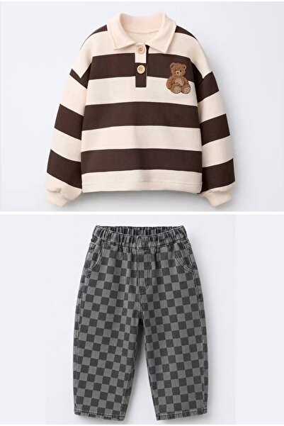 Minigimin Cicileri Teddy Bear Embroidered Striped Polo Sweatshirt & Checkered...