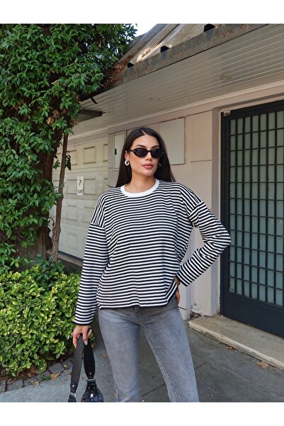 timagna Women's Striped Crew Neck Long Sleeve Oversize Knitwear Sweater