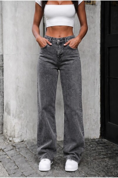 bluewoopss High Waist Anthracite Palazzo Jeans Lycra Smoked Denim Trousers