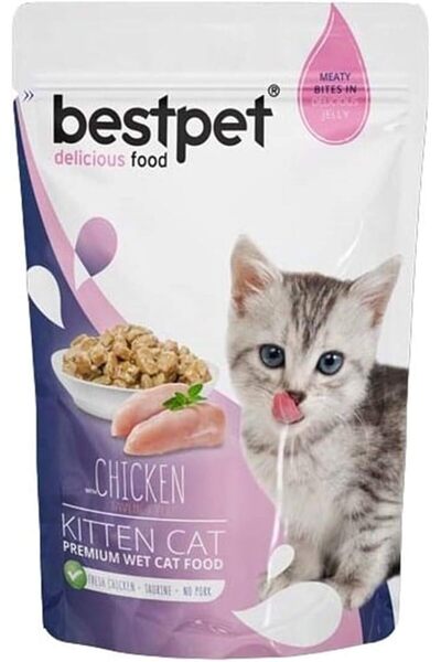 Bestpet طعام رطب خالٍ من الحبوب للقطط الصغيرة، قطع دجاج في كيس، 85 جرام
