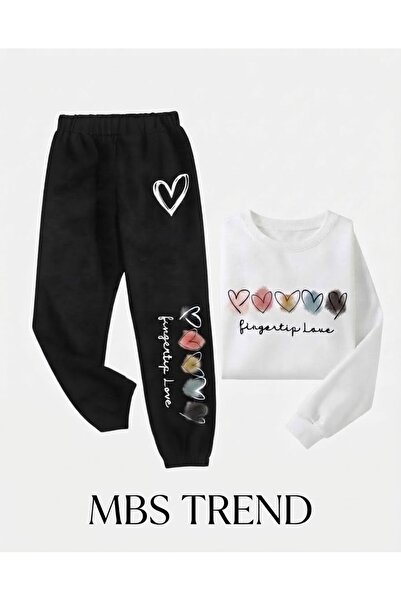Kids Winter Heart Printed "Fingertip Love" Design Black-White Kids Two-Piece ...