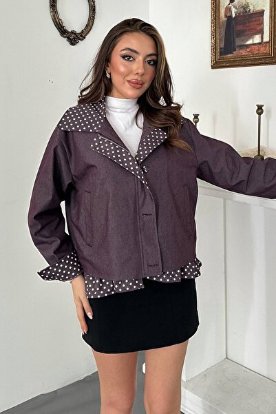 Moda Days Women's Plum Polka Dot Ruffle Detailed Lined Long Sleeve Jacket
