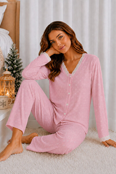ELİTOL Reported Viscose Buttoned V-Neck Lace Long Sleeve Patterned Pajama Set
