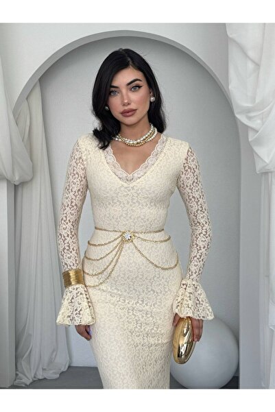 Moda Days Women's Beige Lace Midi Dress V-Neck Long Flounce Sleeves Fitted