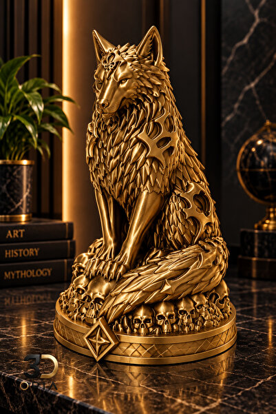3DOria 3D Baskı Gold Kurt Biblo Dekoratif Heykel Mitolojik Kurt Figürü Kafata...