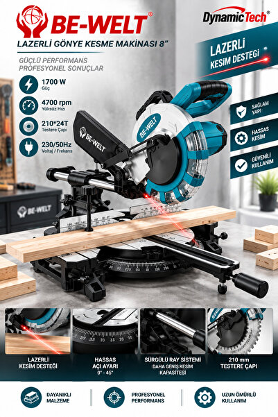 DynamicTech Profesyonel 8” Lazeri Gönye Kesme Makinası 1700W 210mm Sürgülü Ray Toz Torbalı