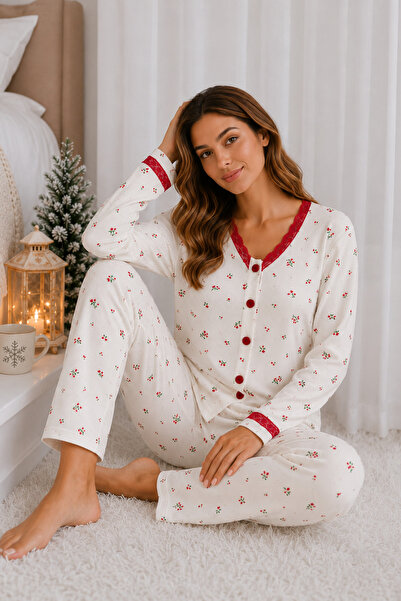 ELİTOL Reported Viscose Buttoned V-Neck Lace Long Sleeve Patterned Pajama Set