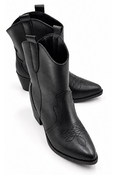İX Shane Women's Black Embroidered Pointed Toe Thick Heeled Western Cowboy Boots
