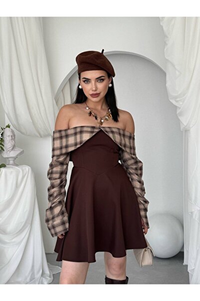 Moda Days Γυναικείο Καφέ Μίνι Φόρεμα Στράπλες με Καρό Λαιμόκοψη και Μακρυμάνι...