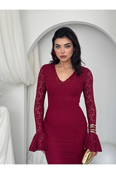 Moda Days Women's Burgundy Lace Midi Dress V-Neck Long Flounce Sleeves Fitted