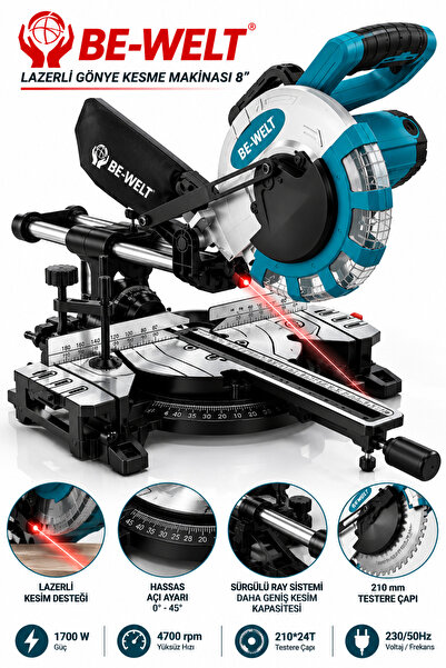 DynamicTech Profesyonel 8” Lazeri Gönye Kesme Makinası 1700W 210mm Sürgülü Ray Toz Torbalı