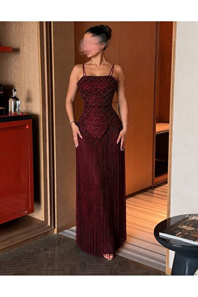 kadina Burgundy Long Evening Dress with Spaghetti Straps, Beaded and Sequined...