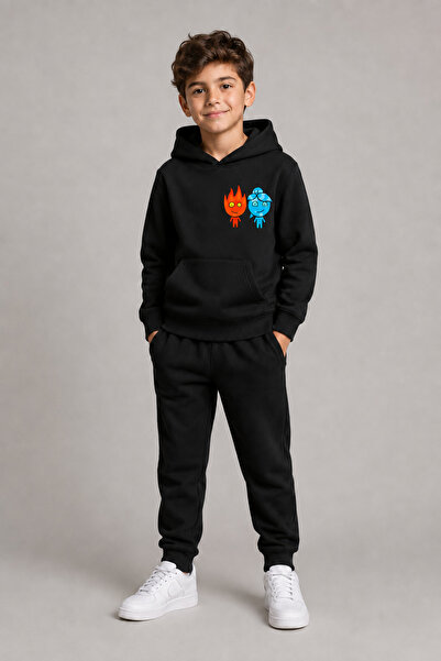han elegant Fire and Water Printed Hooded Kangaroo Pocket 2 Thread Seasonal U...