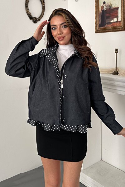 Moda Days Women's Navy Blue Polka Dot Ruffle Detailed Lined Long Sleeve Jacket