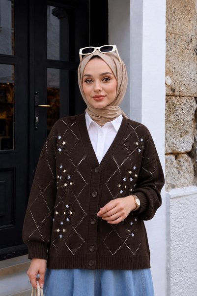Lunfia Ajurlu Çiçekli Düğmeli Bol Kesim Akrilik İplik Salaş Tesettür Triko Hı...