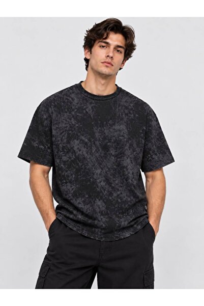 Erkek Modal Kumaş Batik Desen Oversize Tişört