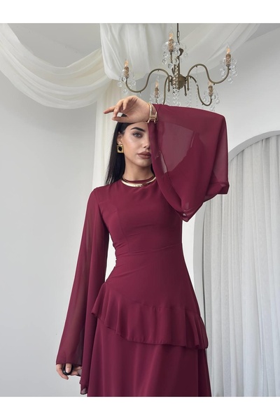 Clothes Fast Γυναικείο μπορντό μίντι φόρεμα με στρογγυλή λαιμόκοψη, σιφόν με ...