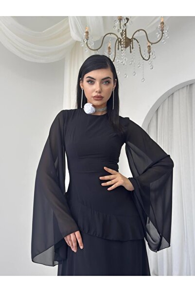 Clothes Fast Γυναικείο μαύρο μίντι φόρεμα με στρογγυλή λαιμόκοψη, σιφόν με βο...