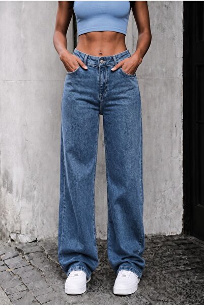 bluewoopss Γυναικείο παντελόνι Lycra Medium Snow Blue Super ψηλόμεσο με φαρδι...