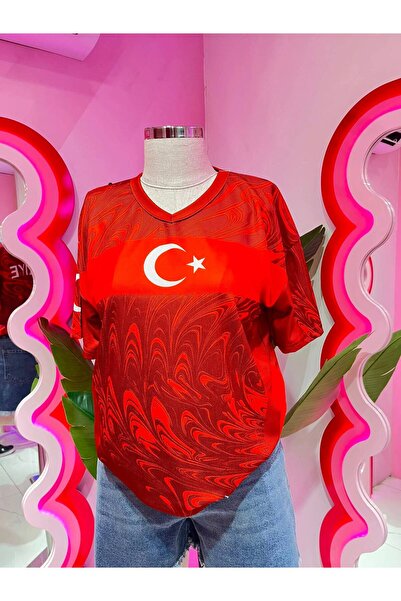 EFBUTİK تي شيرت جيرسي تركي أحمر اللون برقبة على شكل حرف V